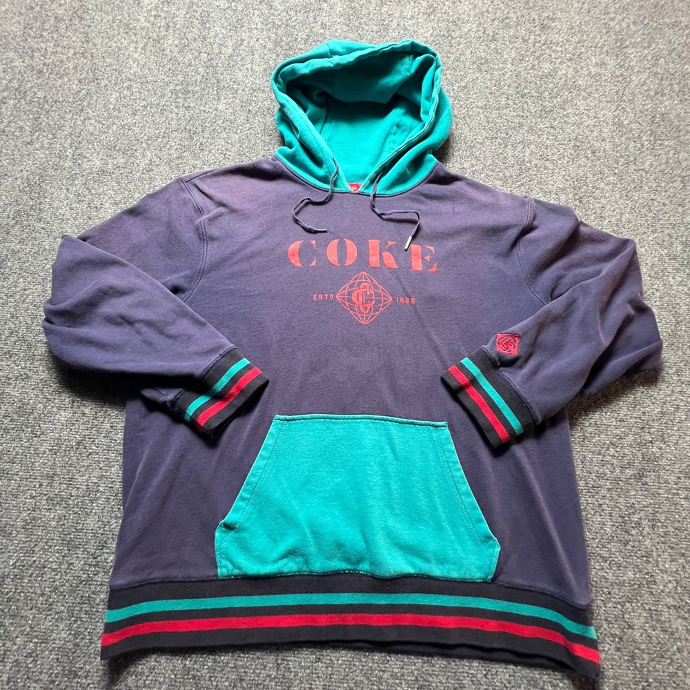 Coca-Cola Mens XL Navy Teal Colorblock Hoodie Sweatshirt Embroidered Logo 1886